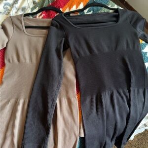 Black and Tan Ribbed Long Sleeve Dresses